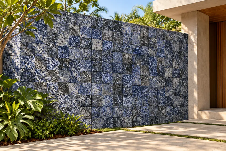 Aplicação de Granito Azul Bahia em fachada residencial