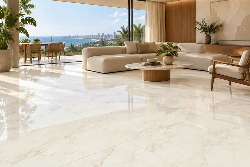 Aplicação de Chiaro di Versilia Polido 120 × 120 no piso de sala de estar